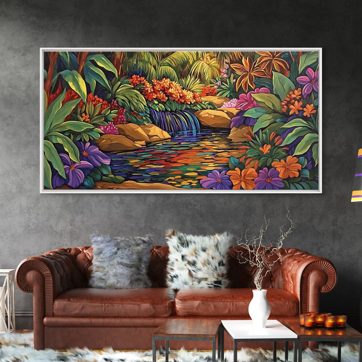 Jungle Waterfall, Floral, Vivid, Canvas Print, Botanical Wall Art, Tropical Home Decor, Boho Jungle Artwork, Bathroom Accent Piece