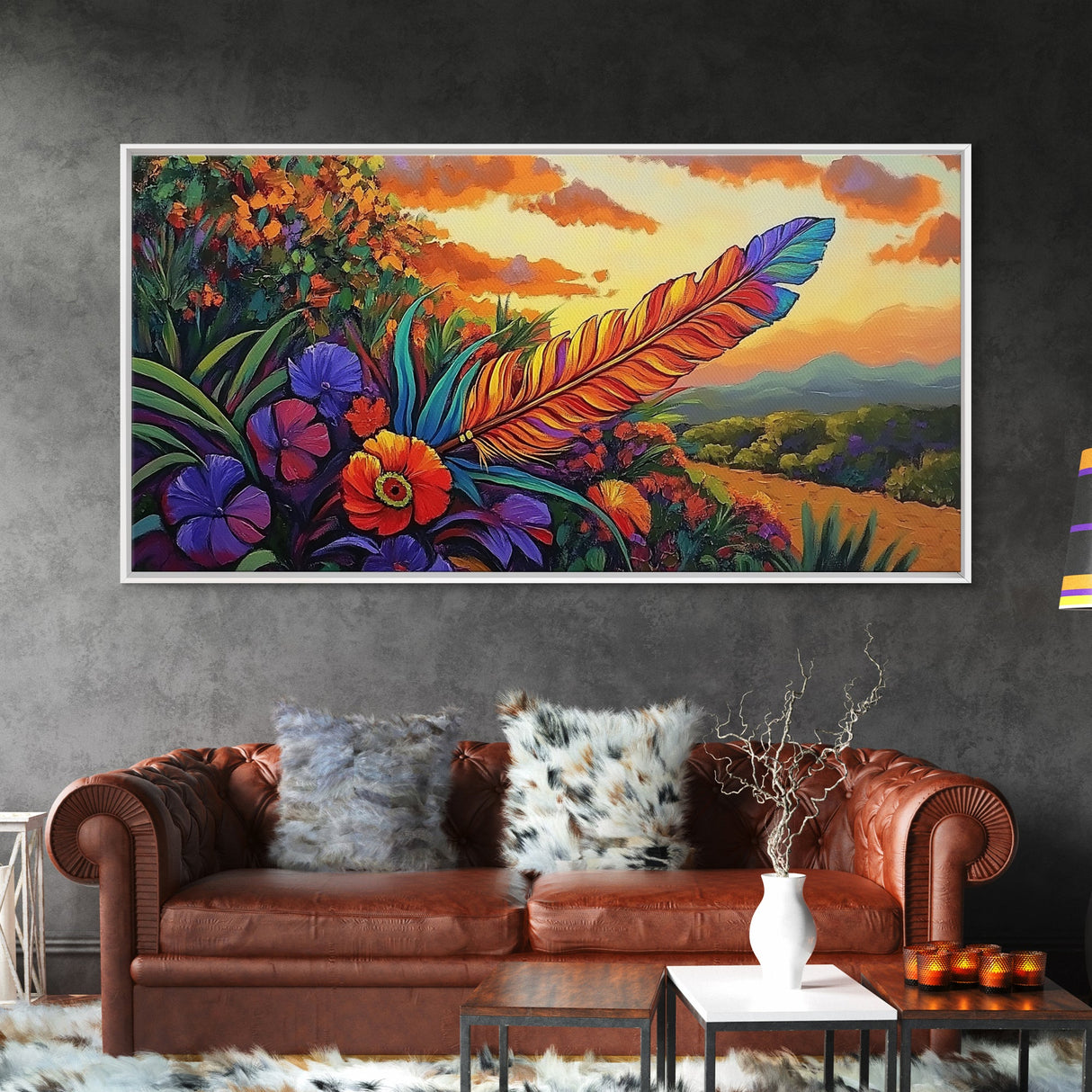 Feather Sunset, Flowers, Nature, Framed Canvas Print, Boho Feather Wall Art, Fall Home Decor, Living Room Autumn Art, Nature Painting
