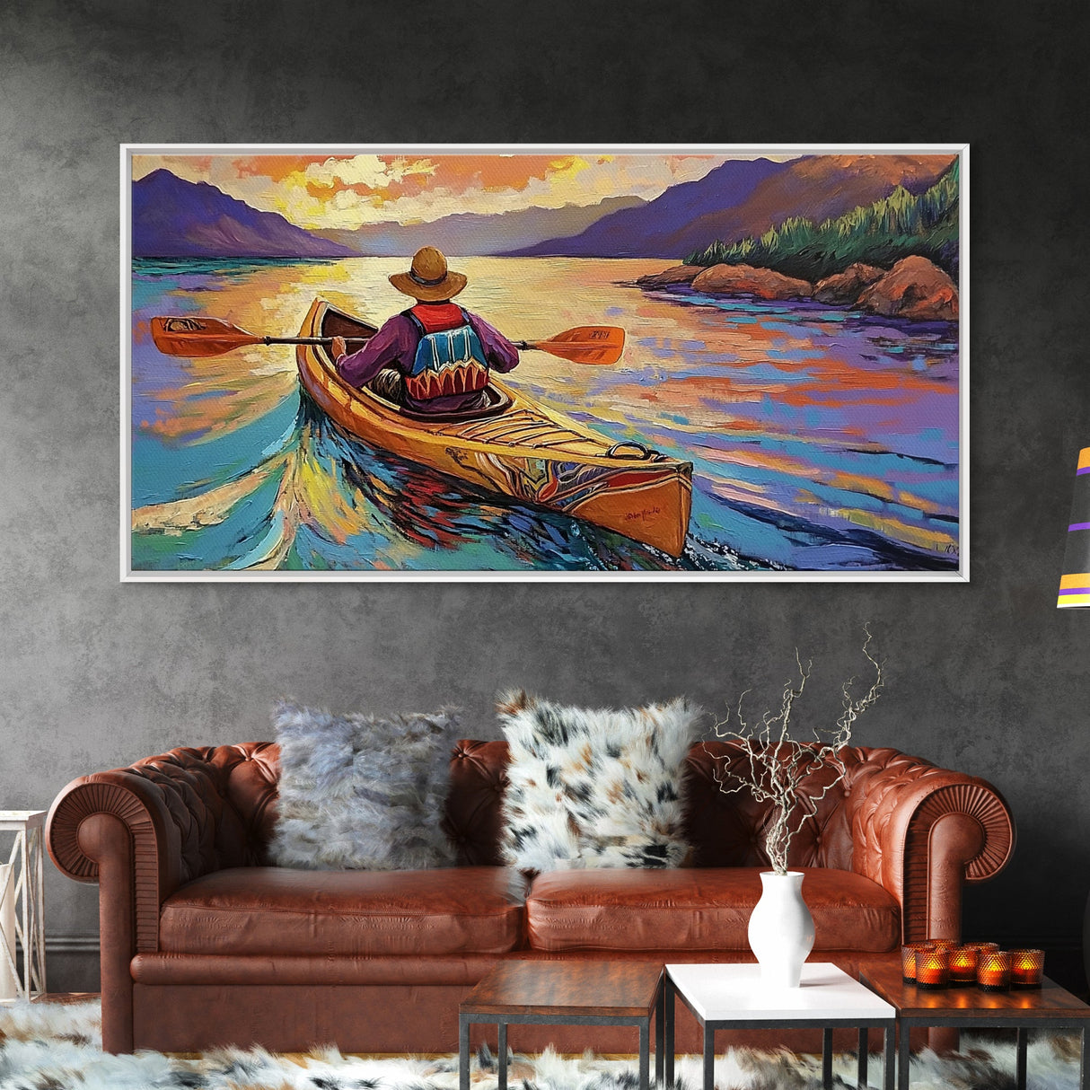 Kayaker Sunset, Mountains, Adventure, Framed Canvas Print, Lake Wall Art, Outdoor Lover Gift, Autumn Adventure Decor, Man Cave Wall Art