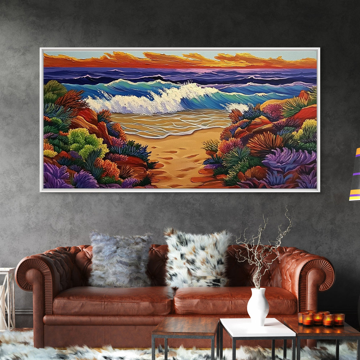 Waves Beach, Sunset, Coastal, Framed Canvas Print, Ocean Wall Art, Colorful Seascape Decor, Nautical Living Room Accent, Coastal Vibes