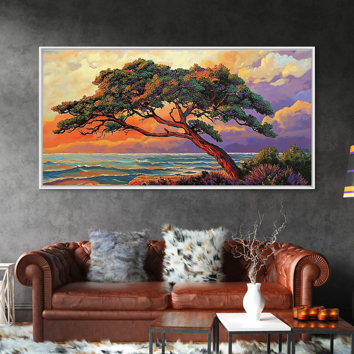 Tree Coast, Storm, Drama, Framed Canvas Print ocean pine tree artwork, landscape wall decor, moody nature art, living room accent