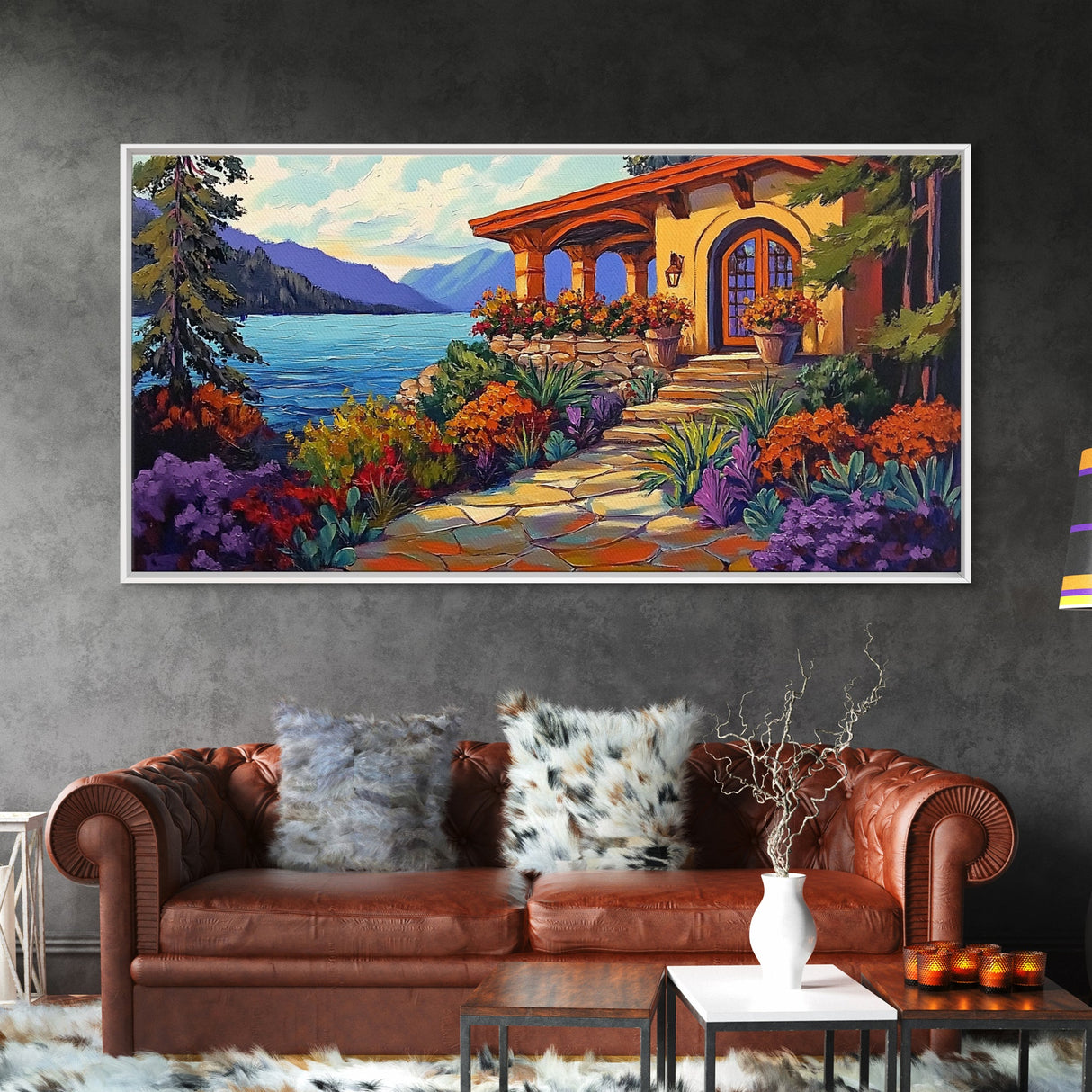 Lake Cabin, Garden, Pathway, Framed Canvas Print lakeside retreat artwork, rustic home wall art, cozy landscape scene, autumn print