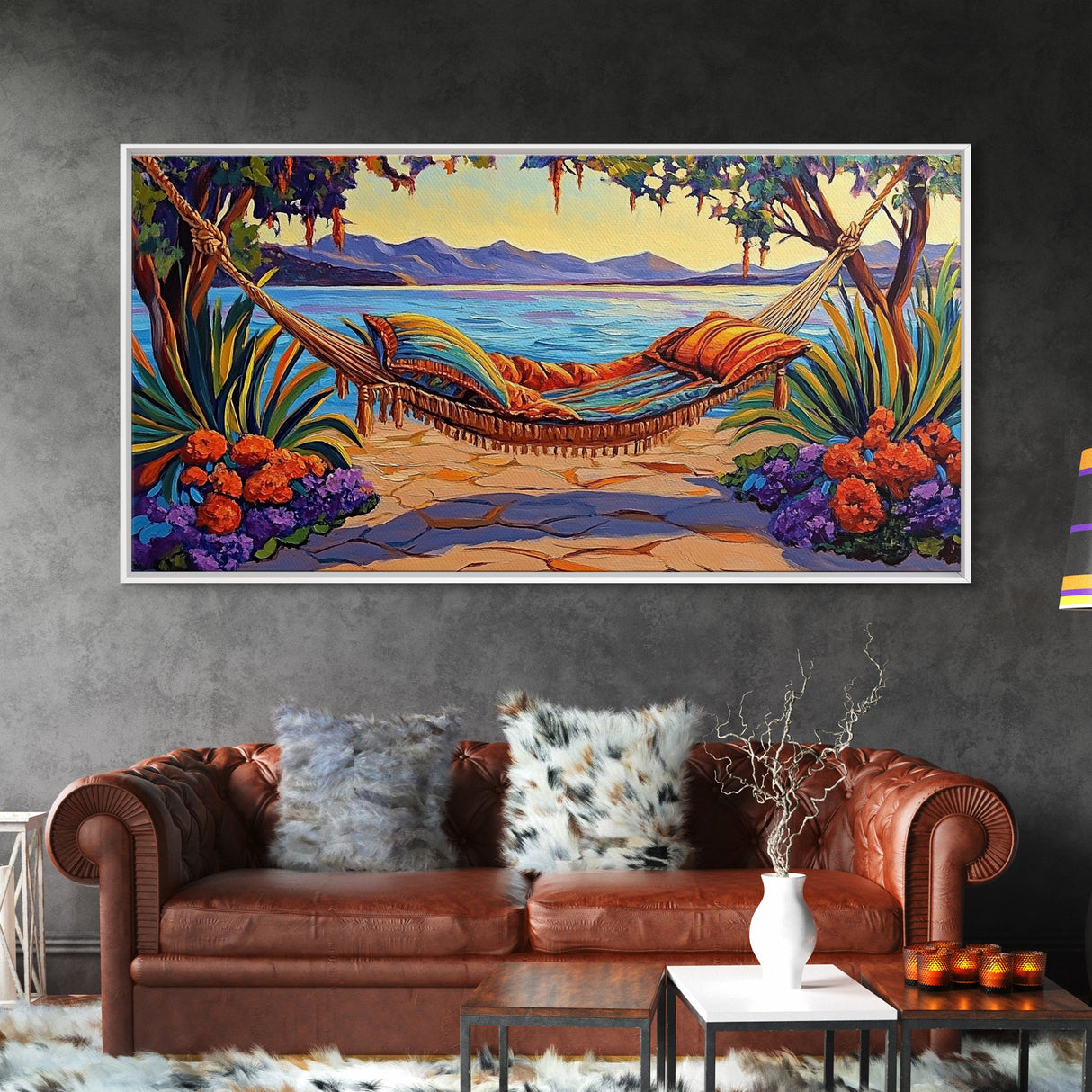 Hammock Lake, Relax, Peace, Framed Canvas Print tropical lakeside retreat artwork, relaxing boho bedroom art, beachy summer decor
