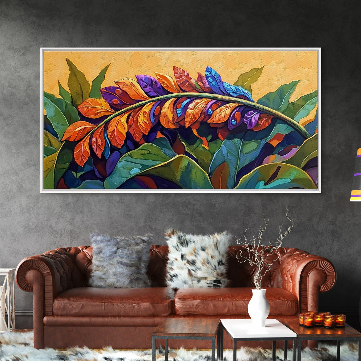 Tropical Leaves, Bright, Fall, Framed Canvas Print, botanical fall wall art, colorful boho tropical leaves painting, kitchen home decor
