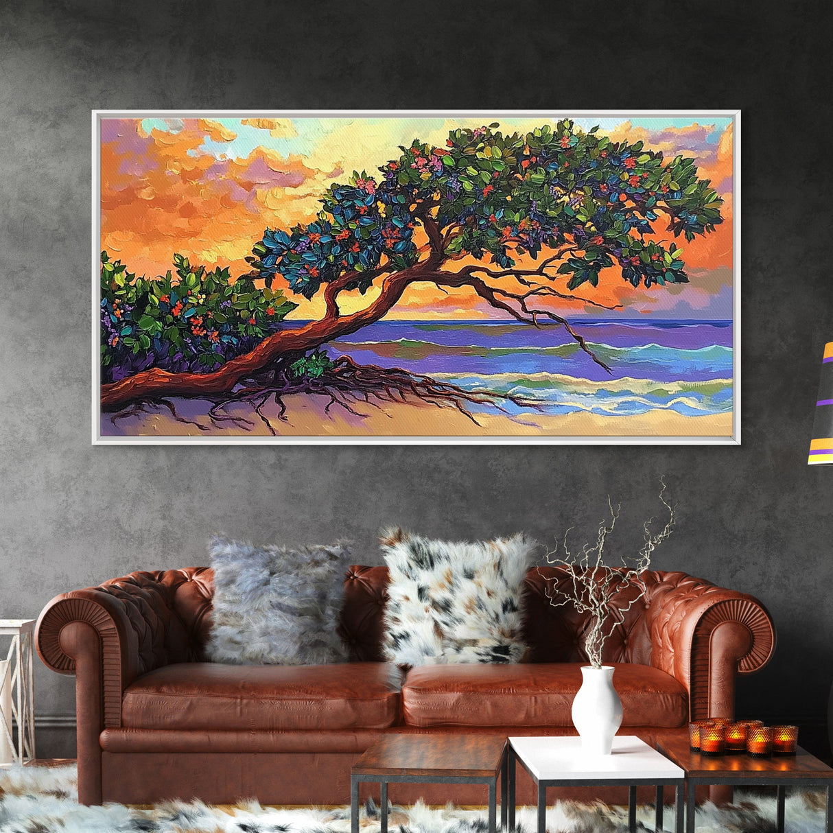 Tropical Tree, Beach, Sunset, Framed Canvas Print nature lover wall decor, boho coastal print, vibrant living room art, island art