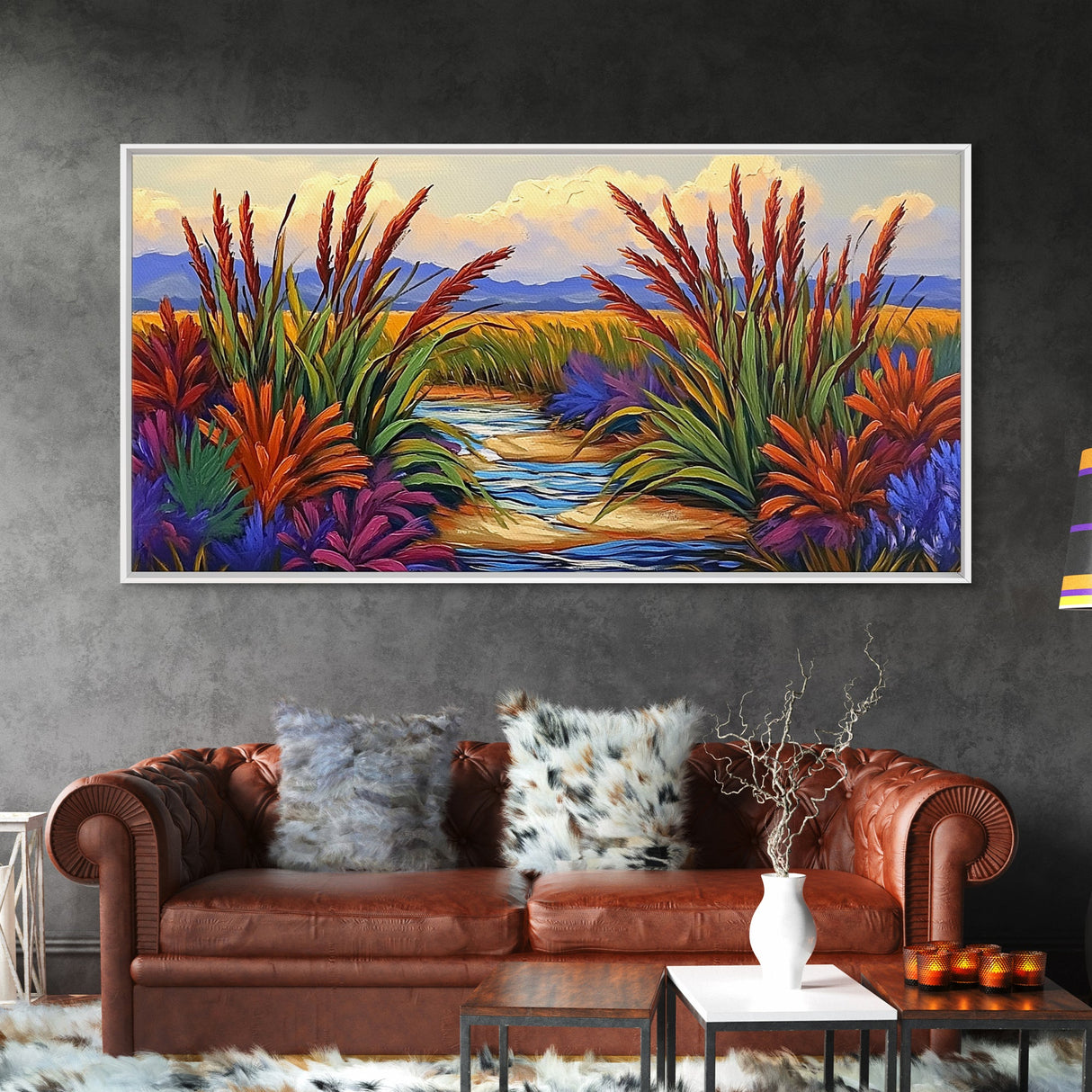 Marsh Grassland, Sunset, Scene, Framed Canvas Print rustic farmhouse art, colorful Fall wall decor, bedroom landscape canvas