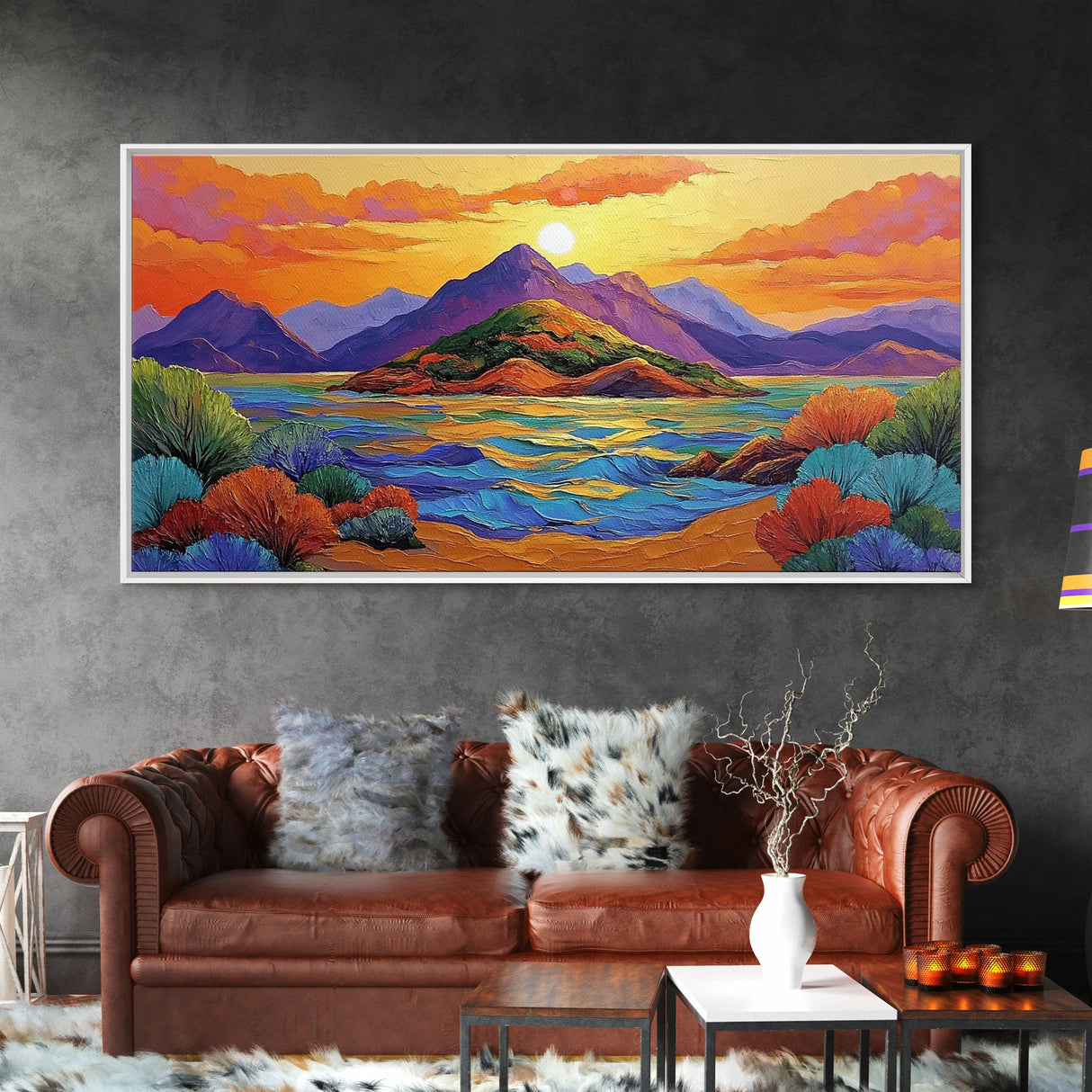 Island Sunset, Mountain Horizon, Ocean Glow, Framed Canvas Print, Bold Wall Art, Bedroom or Office Decor, Tropical Paradise Painting