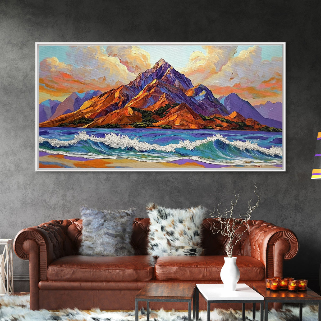 Ocean Peak, Island Sunrise, Vibrant Mountain, Framed Canvas Print, Bold Coastal Art, Beach House Wall Decor, Sunset Vibes