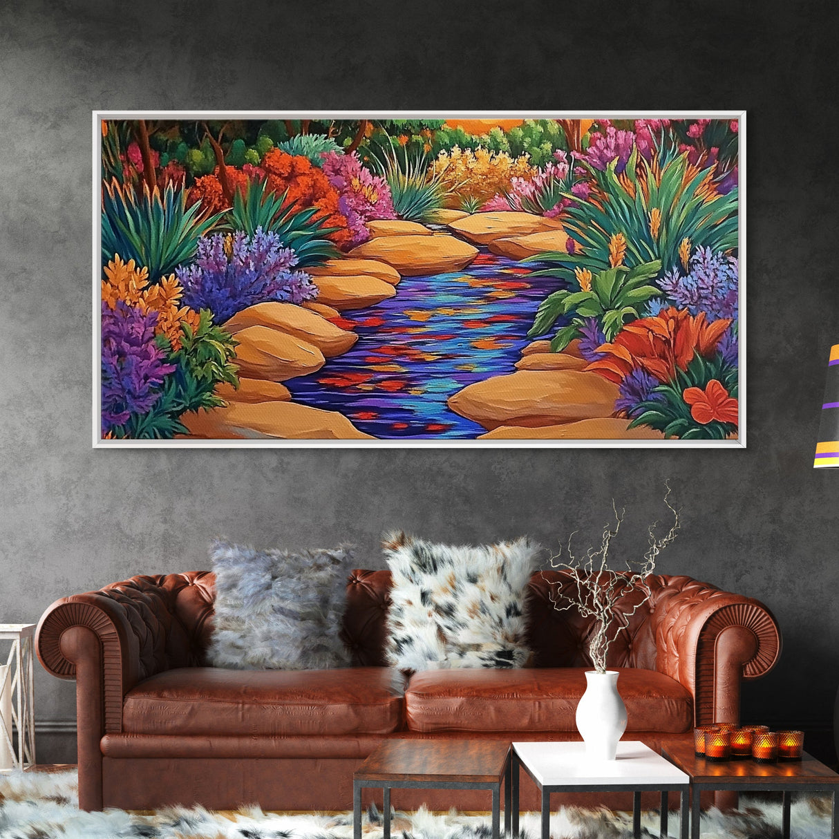 Stone Stream, Sunset Path, Desert Garden, Canvas Print, Nature Inspired Wall Art, Living Room Decor, Boho Botanical Style