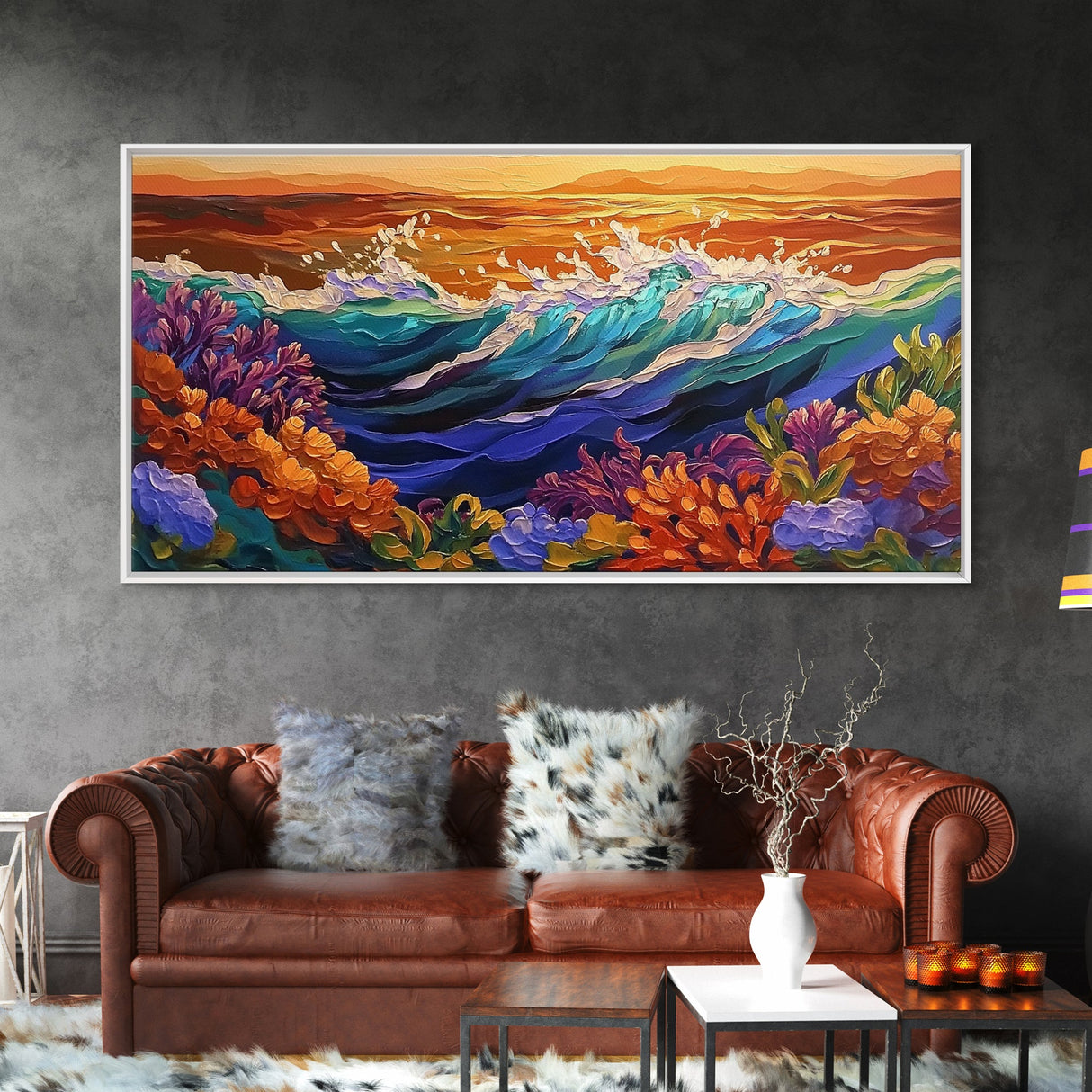Ocean Bloom, Sunset Surf, Tropical Waves, Canvas Print, Vibrant Coastal Wall Art, Beach House Decor, Colorful Seascape Painting