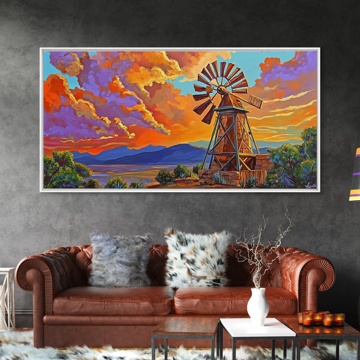 Rustic Windmill, Sunset, Country Sky, Canvas Print, Vibrant farmhouse scene perfect Fall Living Room Wall Art or Rustic Home Decor