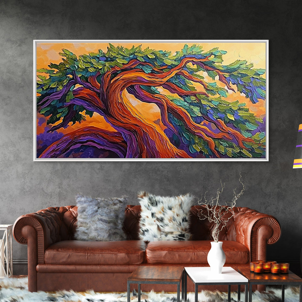 Whimsical Tree, Autumn Sky, Nature, Canvas Print, Bright textured tree painting perfect Fall Bedroom Wall Art or Boho Living Room Art