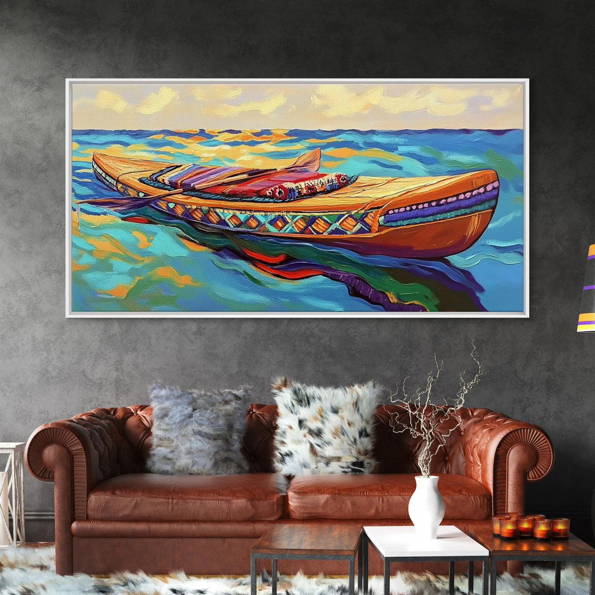 Canoe Water, Colorful, Tribal, Canvas Print, boho kayak art, nautical decor, beach house wall art, rustic folk painting, summer vibe