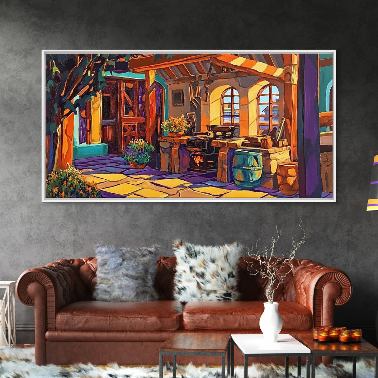 Rustic Kitchen, Mexican, Decor, Framed Canvas Print of rustic kitchen, Kitchen Wall Art, warm tones, bohemian style interior decor