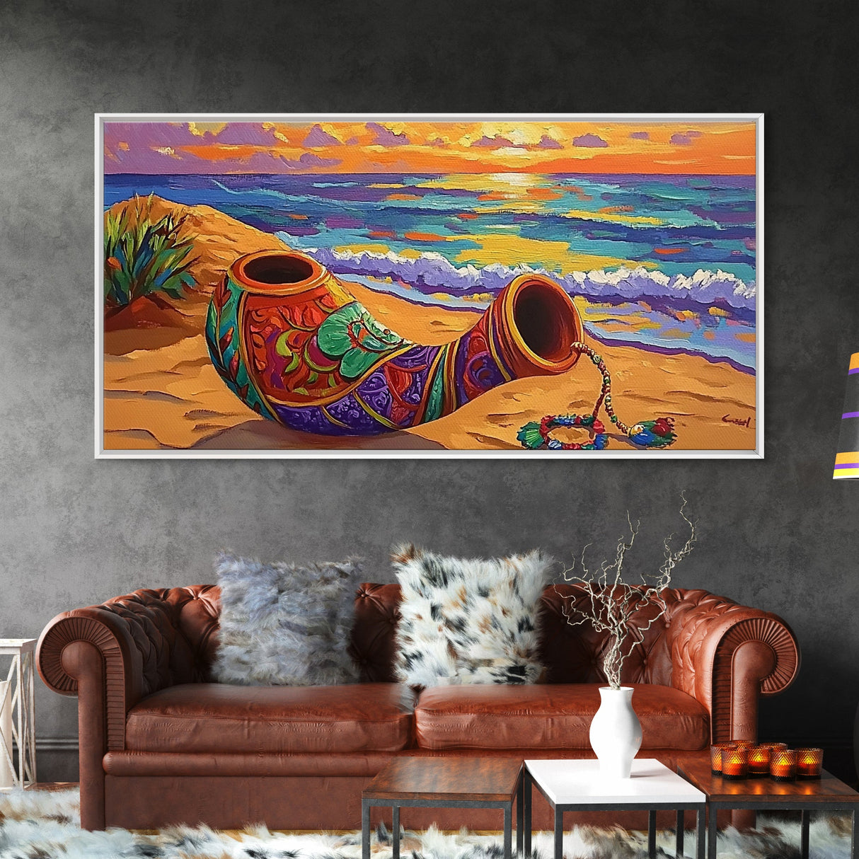 Horn Sand, Sunset, Shore, Framed Canvas Print boho beach decor, living room Mexican art, coastal horn painting, rustic folk art