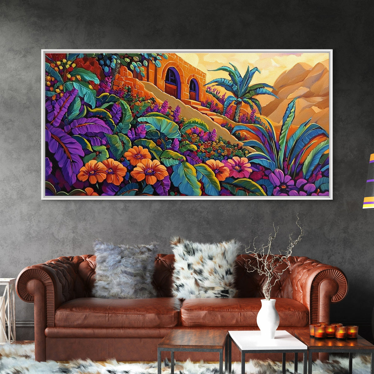 Jungle, Flowers, Adobe, Hillside, Framed Canvas Print tropical wall art, vibrant living room decor, boho jungle scene painting