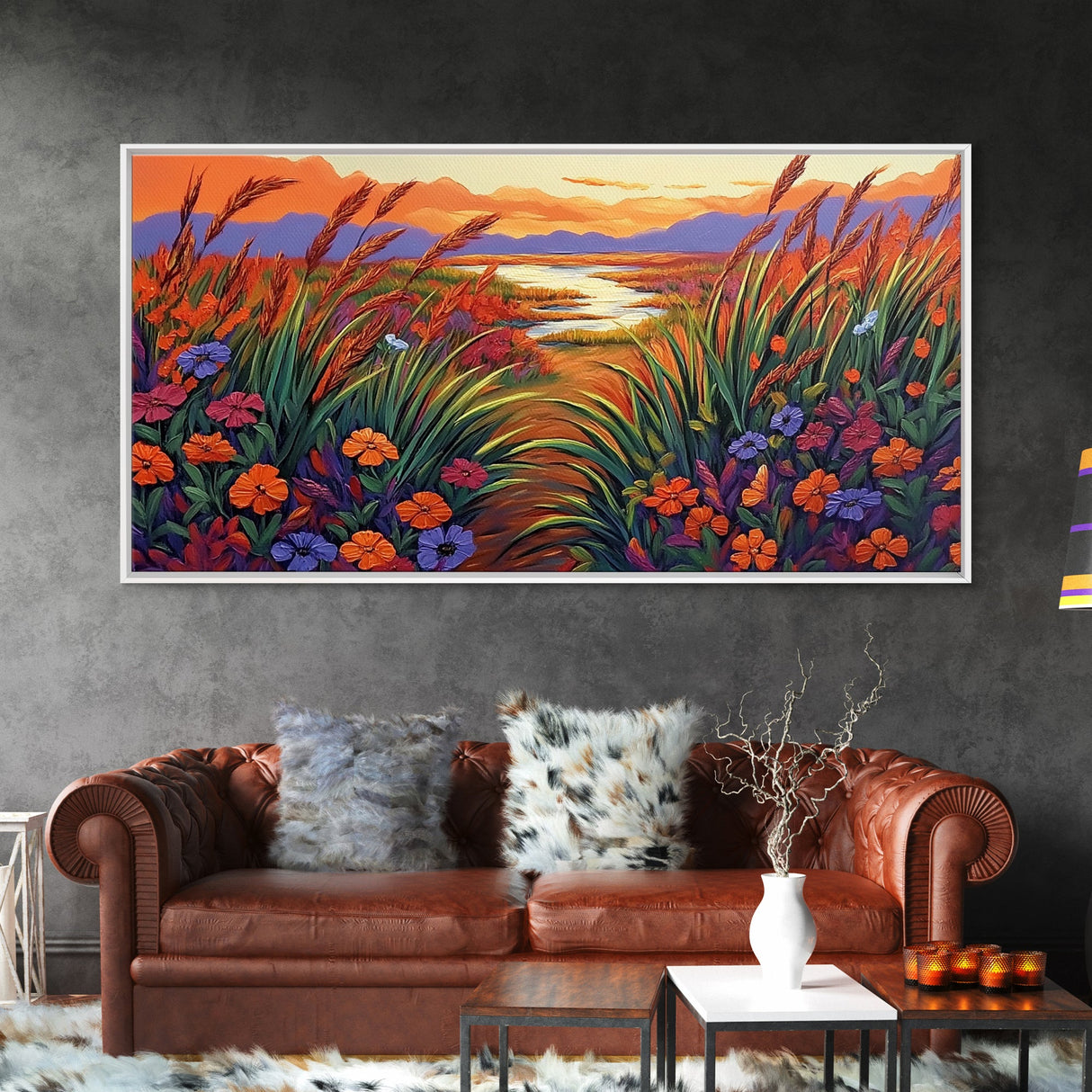 Wildflowers, River, Mountains, Autumn, Canvas Print fall floral decor, rustic meadow art, nature landscape painting, country living room