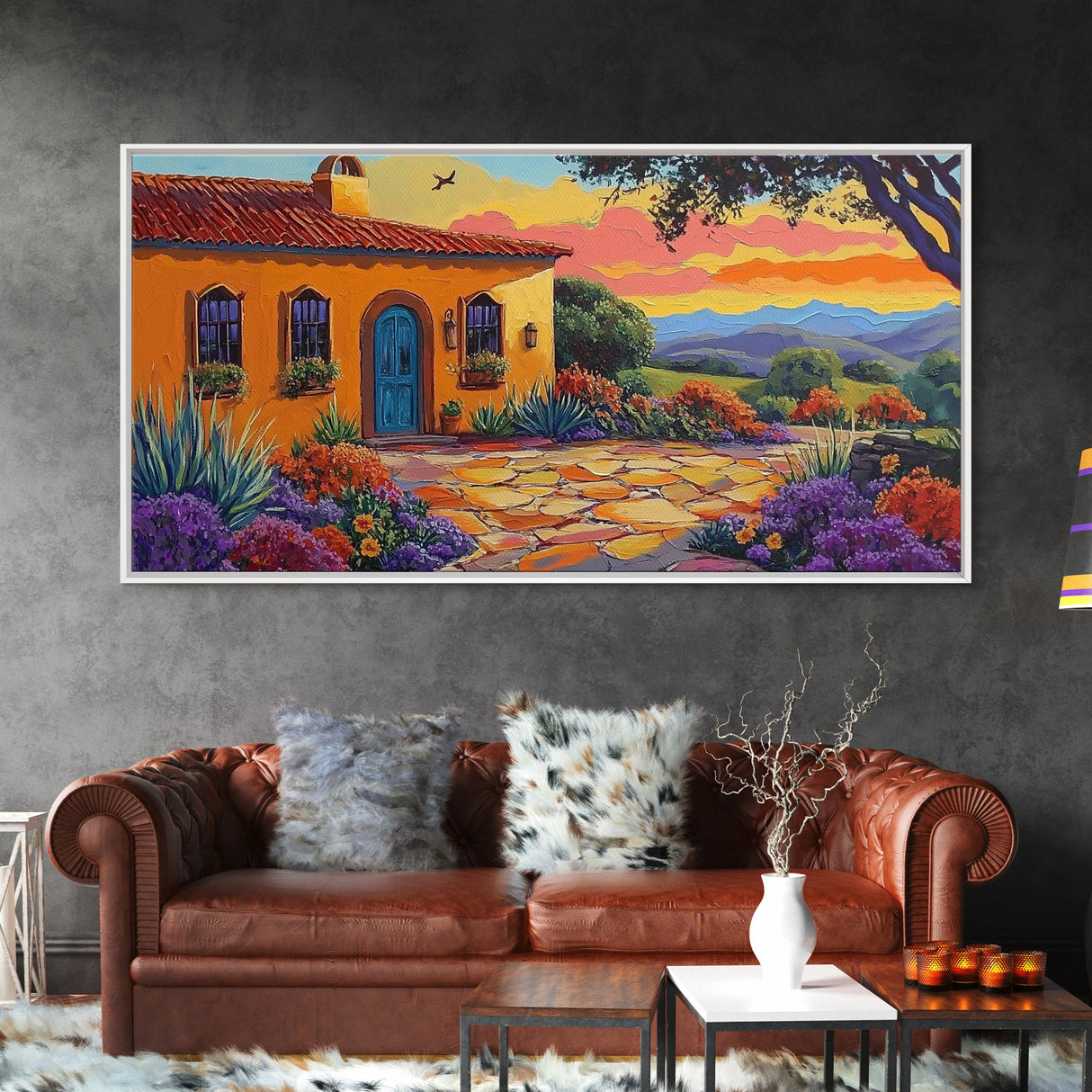 House Sunset, Garden, Southwest, Framed Canvas Print warm adobe home wall art, colorful southwestern sunset print, cozy kitchen decor