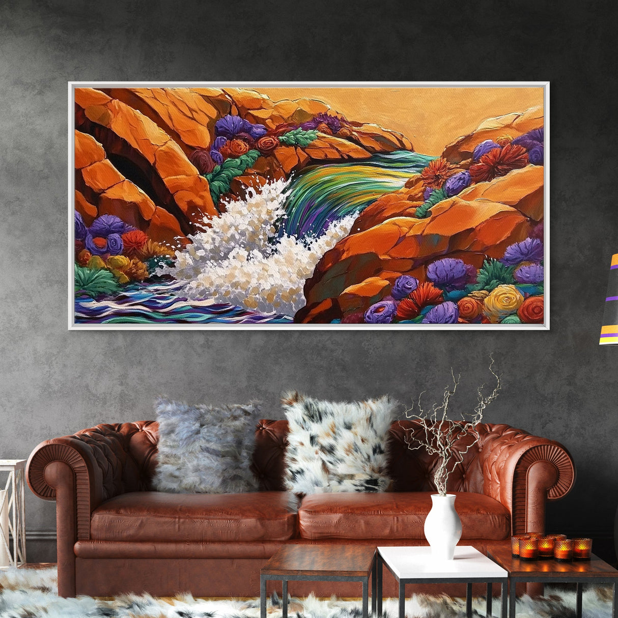 Waterfall Rocks, Flowers, Canvas Print, Colorful Nature Wall Art, Boho Earthy Decor, Vibrant Living Room Accent, Abstract Landscape Art