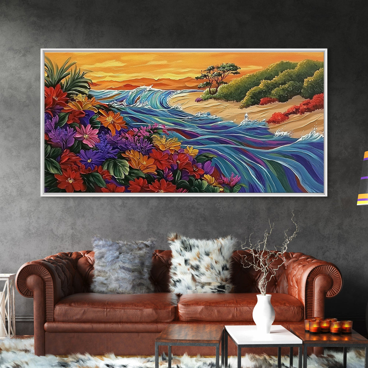 Wildflowers, Coastal Waves, Tropical Shore, Canvas Print, Floral Beach Art, Vibrant Living Room or Kitchen Wall Decor