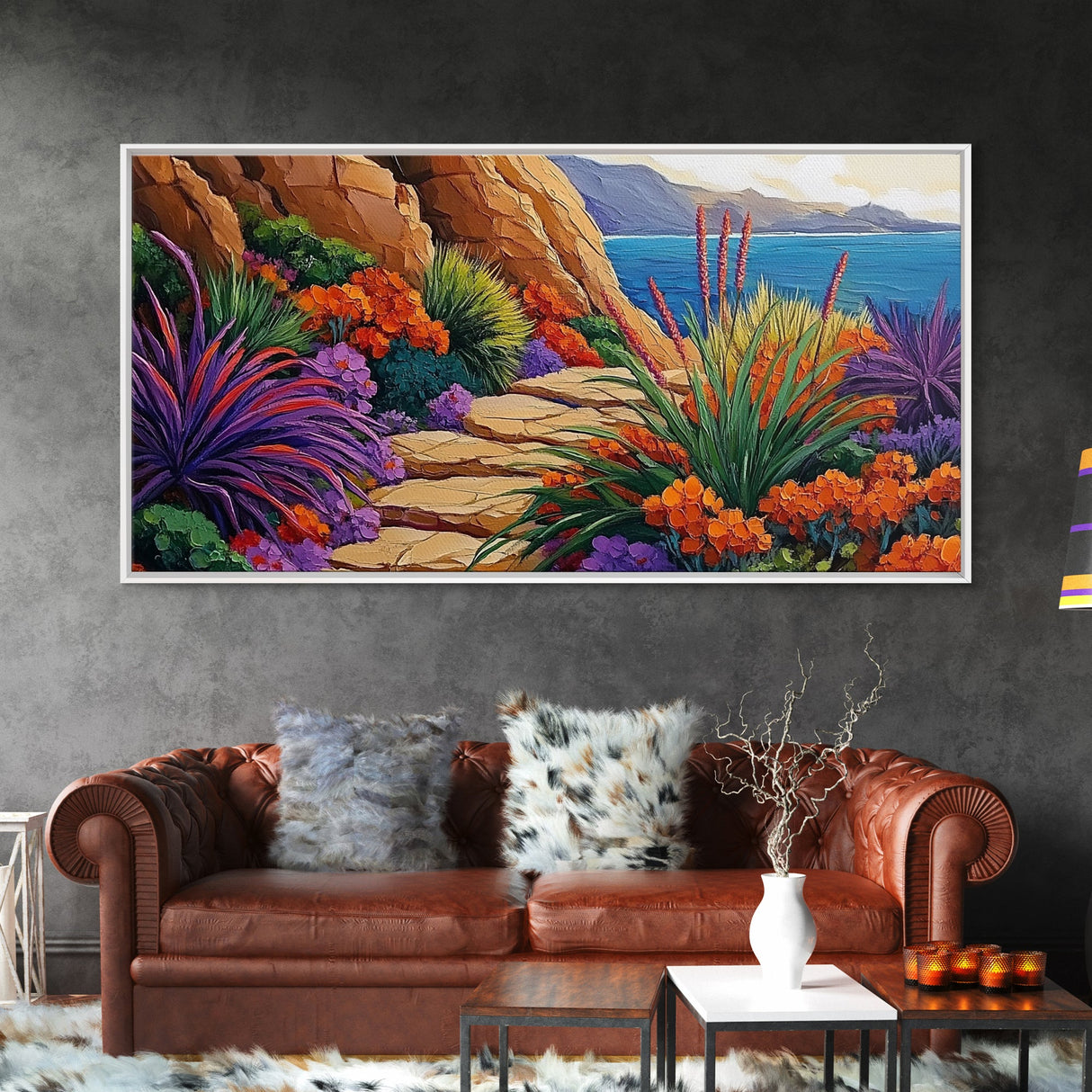 Floral Path, Coastal Trail, Ocean View, Framed Canvas Print, Bright Nature Wall Art, Vibrant Hallway or Kitchen Boho Decor