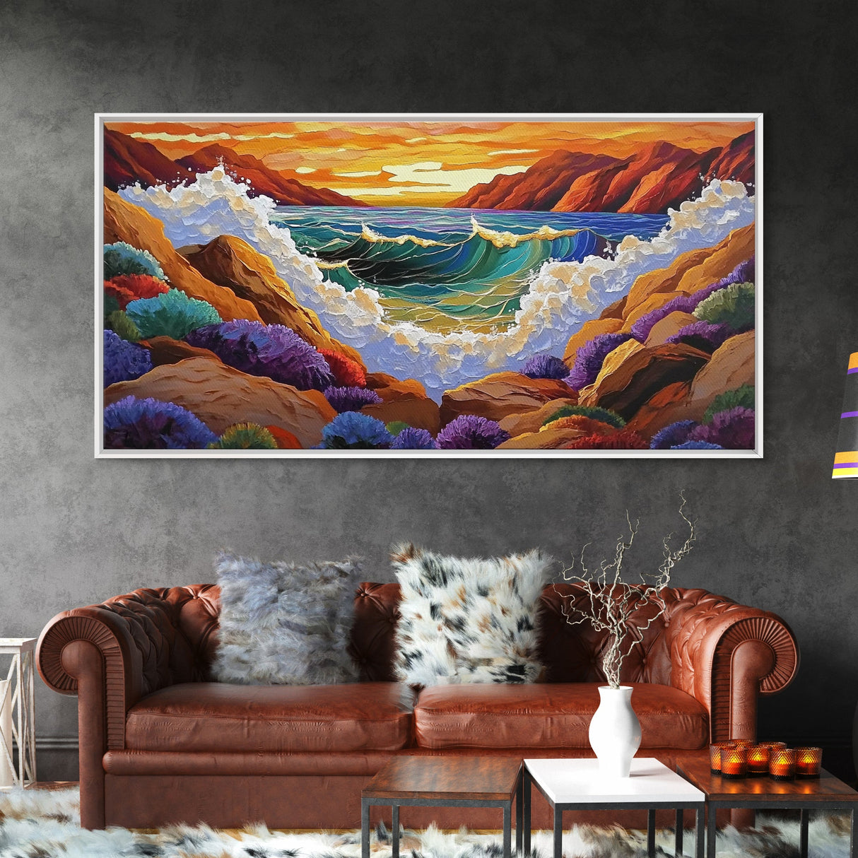 Wave Crash, Sunset Coast, Rocky Horizon, Canvas Print, Dramatic Seascape Wall Art, Ocean Inspired Living Room Art, Study Decor