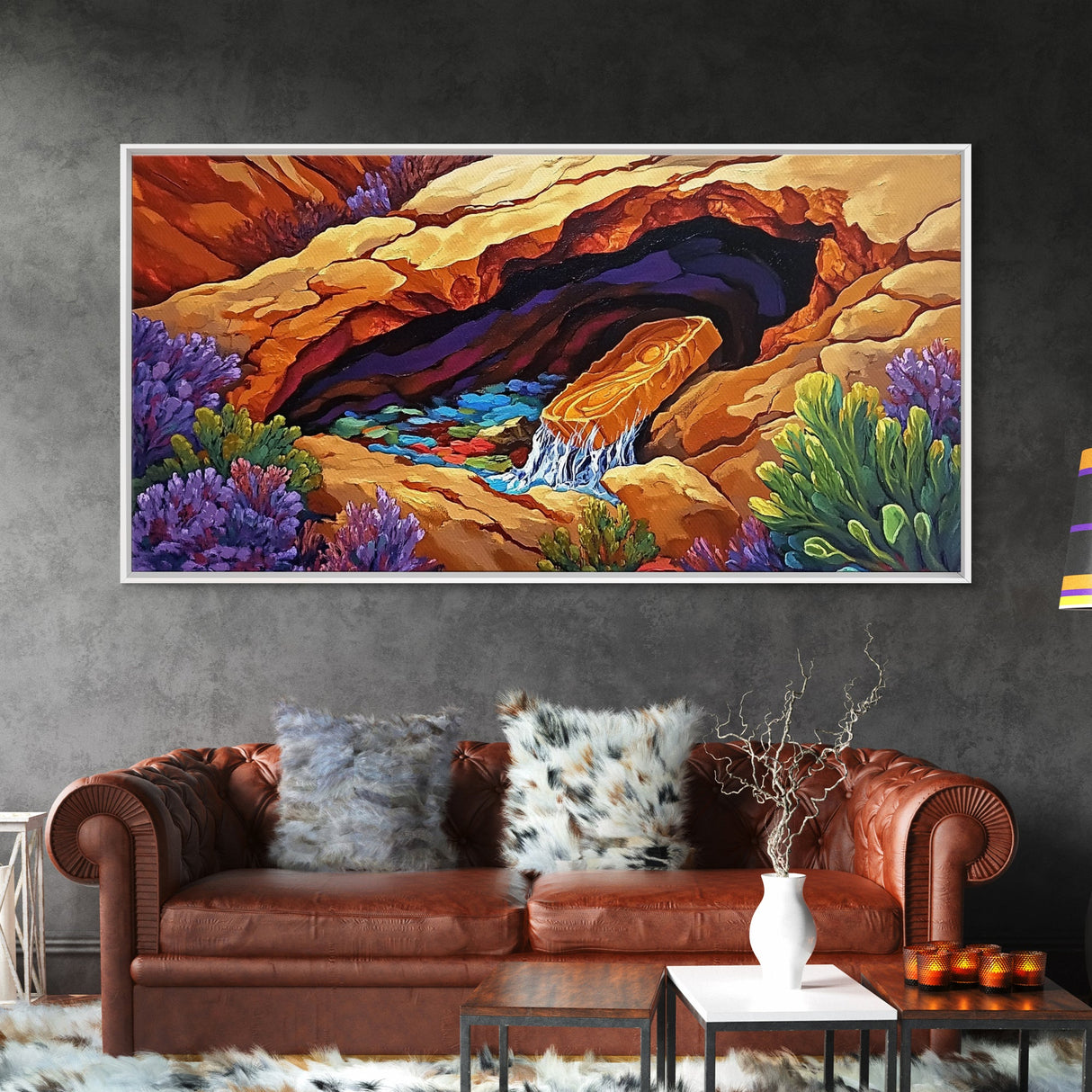 Desert Hidden, Oasis, Waterfall, Framed Canvas Print Nature-inspired boho landscape, colorful living room wall art, southwest decor
