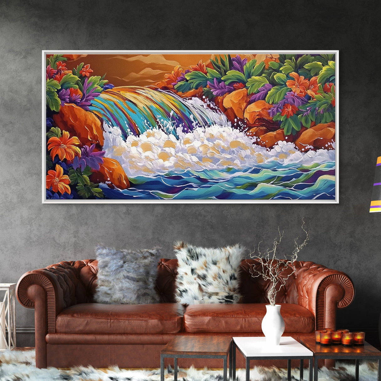 Rainbow, Waterfall, Jungle, Sunset, Framed Canvas Print Tropical boho art, bathroom art, living room decor, floral nature painting