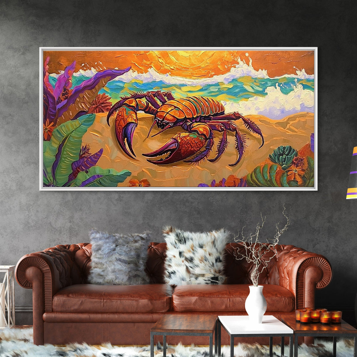 Lobster Beach, Vibrant, Framed Canvas Print, Nautical Coastal Art, Living Room Wall Decor, Tropical Lobster Painting, Bold Ocean Art