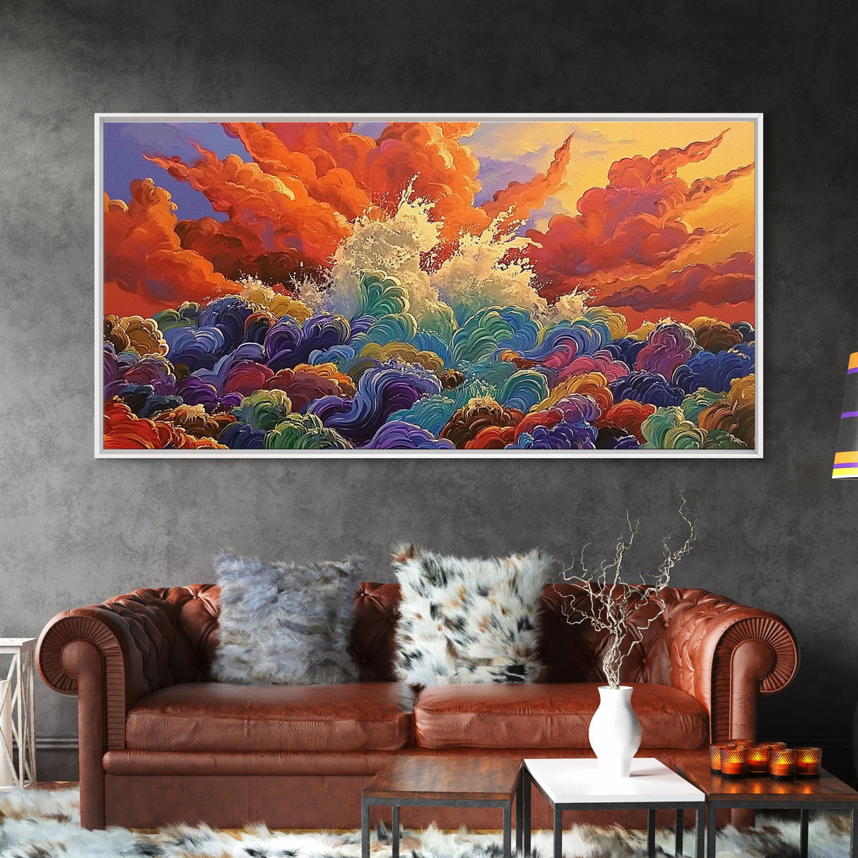 Waves Sunset, Abstract, Framed Canvas Print, Bold Ocean Explosion Art, Colorful Modern Wall Decor, Coastal Vibe Art Piece