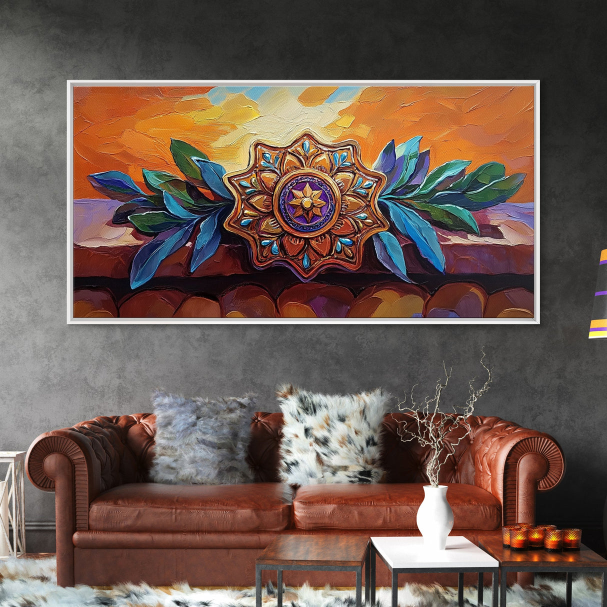 Mandala Sunset, Leaves, Ornament, Framed Canvas Print, spiritual boho wall decor, entryway wall art, zen home sacred symbol painting
