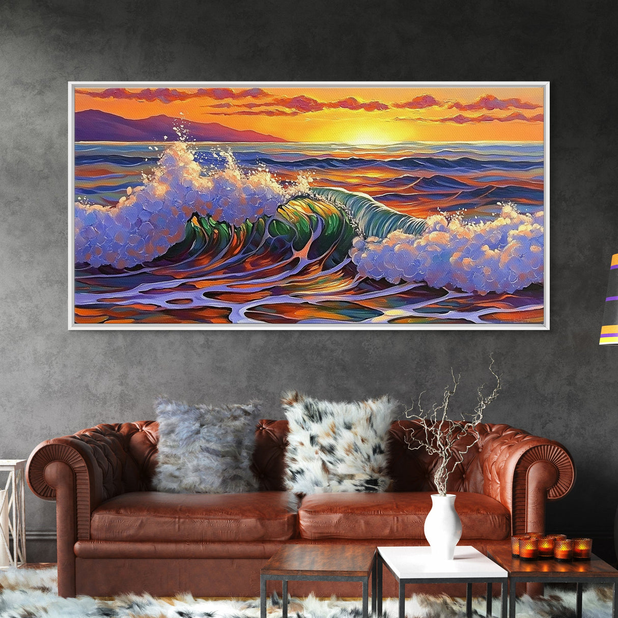 Wave Ocean, Sunset, Surf, Framed Canvas Print, tropical wave wall decor, surf boho art, vibrant beach bathroom or office wall art