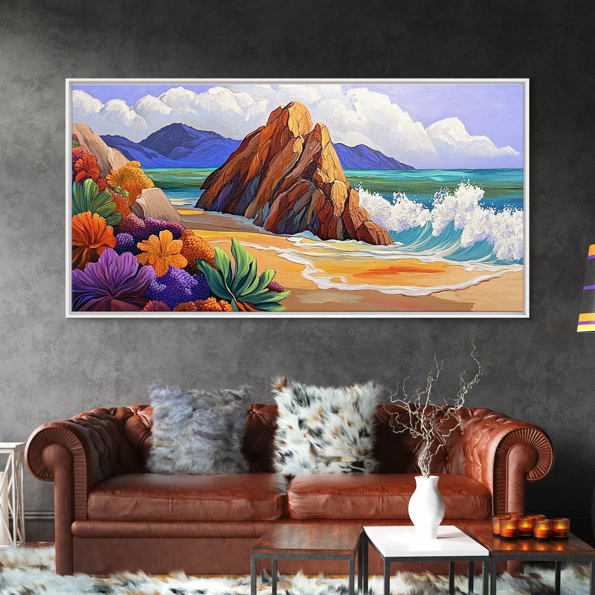 Rocks Beach, Flowers, Ocean, Framed Canvas Print, colorful tropical seascape, modern coastal wall art, bright nature themed decor