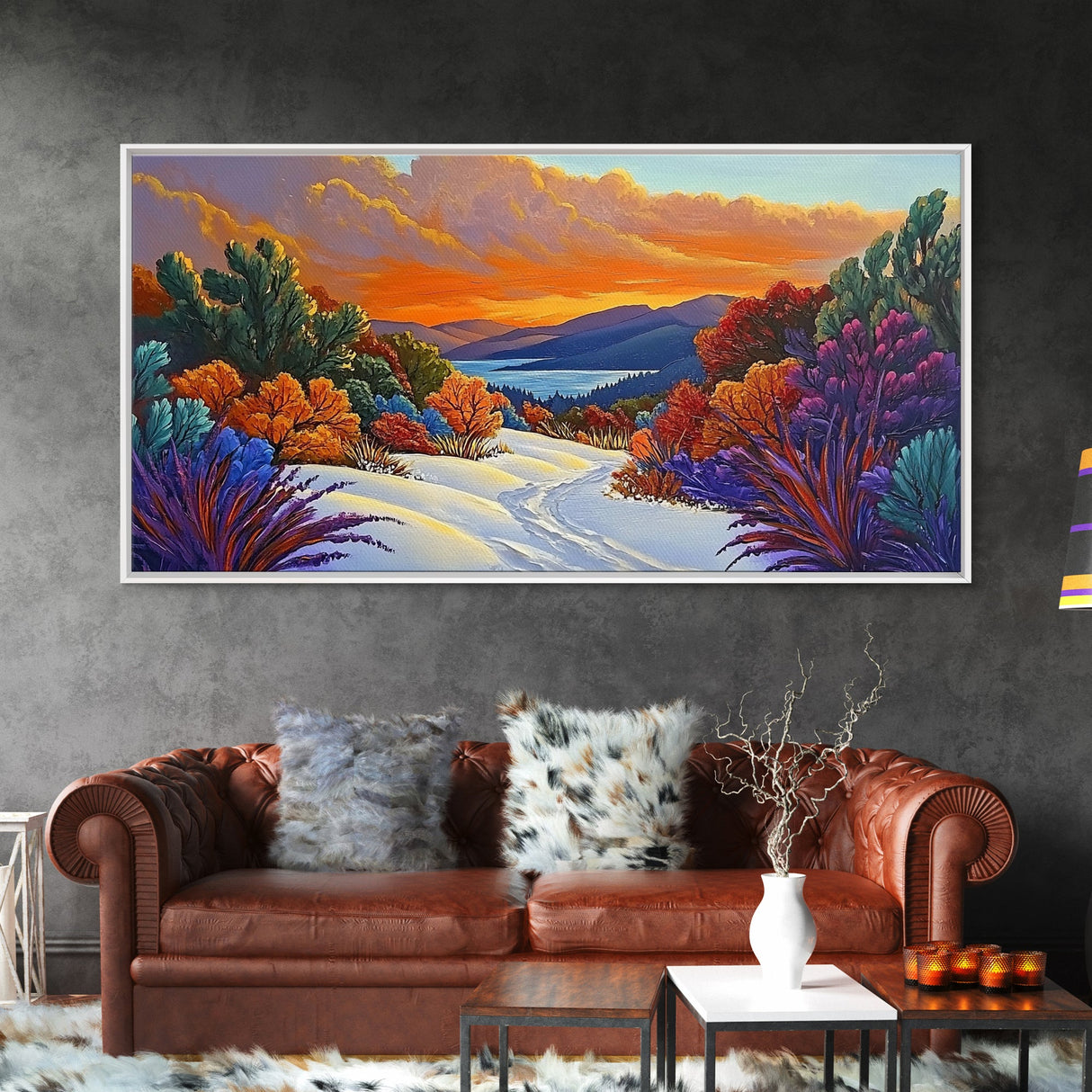 Winter Sunset, Lake, Trees, Framed Canvas Print, Autumn cabin wall art, colorful landscape living room decor, mountain snow painting