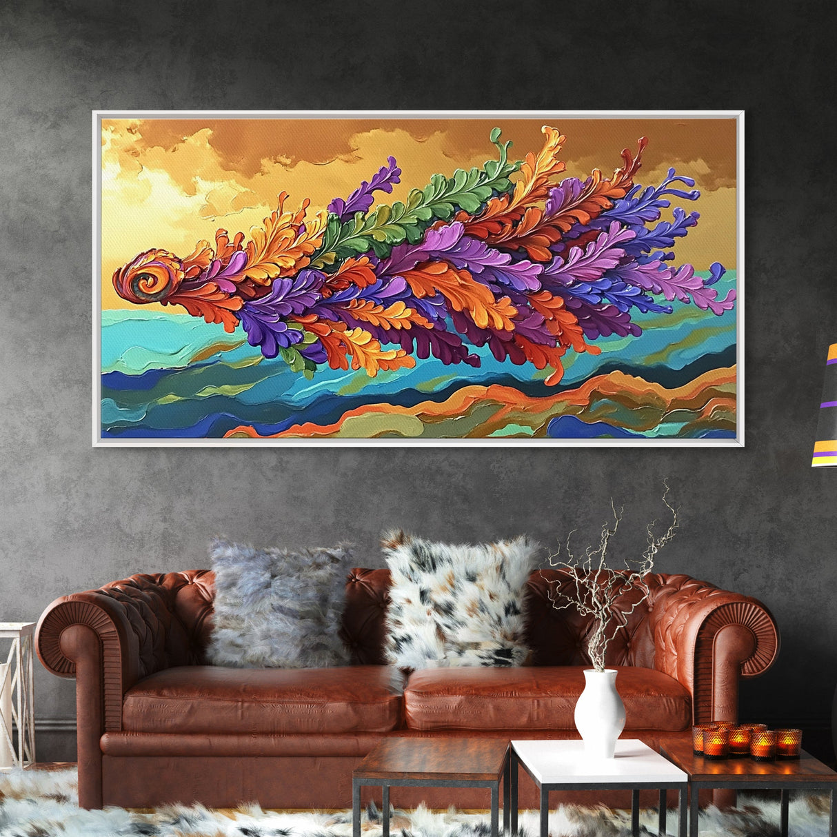 Abstract Leaf, Swirl, Flying, Framed Canvas Print, Whimsical nature painting, colorful wall art, boho bedroom decor, modern natural art