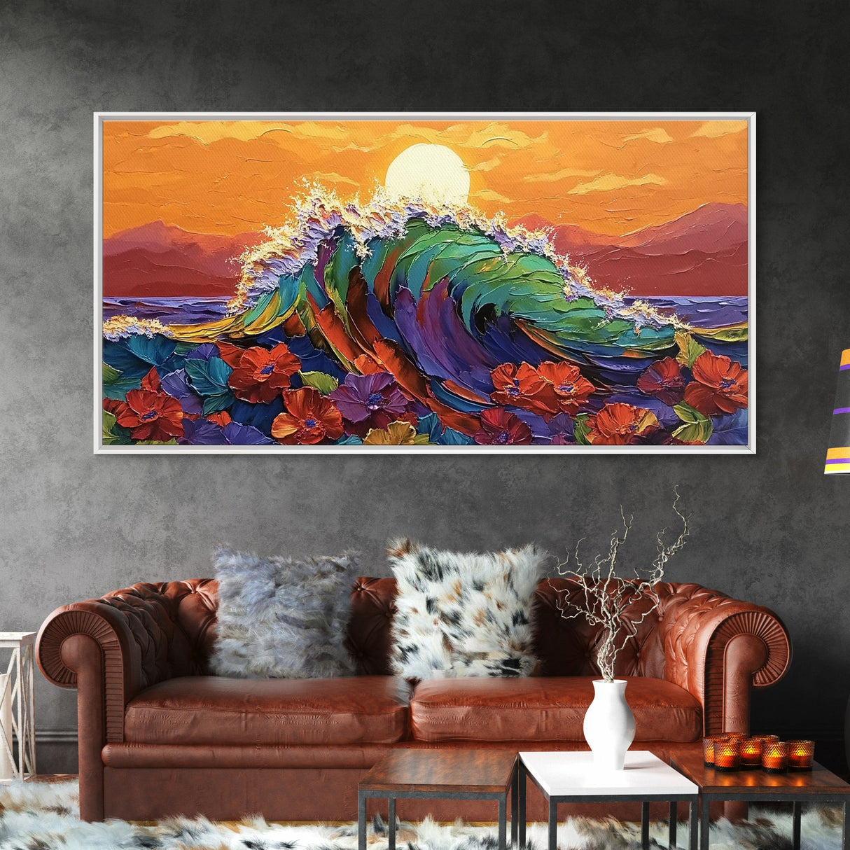 Sunset Wave, Floral, Ocean, Canvas Print, Tropical beach flower art, vibrant ocean wave decor, living room painting, sunset seascape