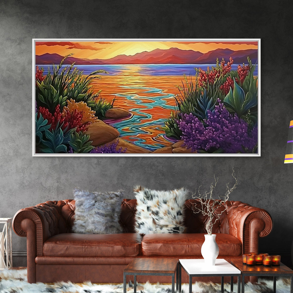 Sunset, Ocean Flowers, Nature Wall Art, vibrant landscape Canvas Print, tropical sunset décor, colorful coastal living room wall art