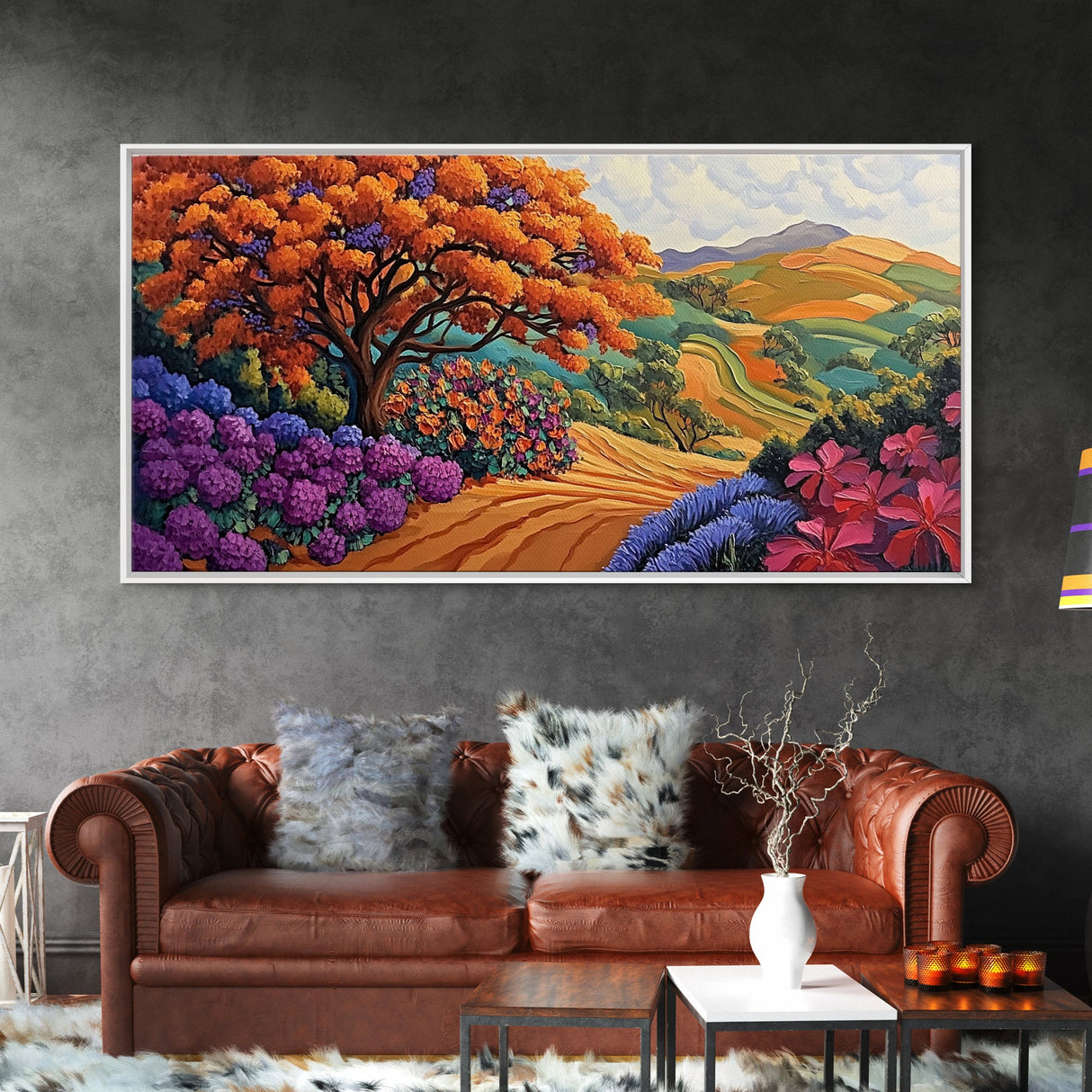 Tree Autumn, Hillside, Fields, Autumn hillside landscape, Framed Canvas Print, Fall Decor, Nature Inspired Wall Art, Living Room Art