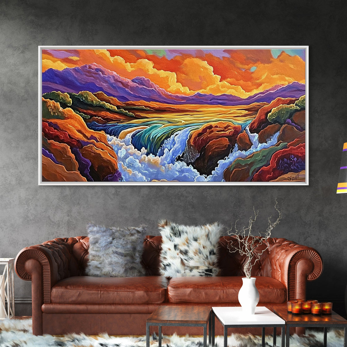 Sunset, Waterfall, Mountains, Autumn, Framed Canvas Print, Mountain sunset wall decor, autumn river art, rustic boho living room art