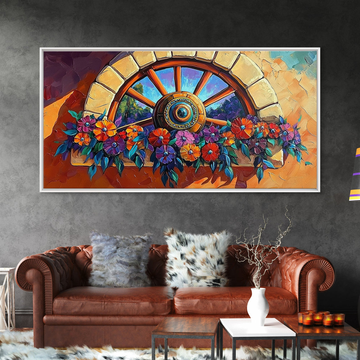 Rustic Floral, Window, Art, Framed Canvas, Print Mexican flower wagon wheel wall art, vibrant southwestern decor, boho patio print