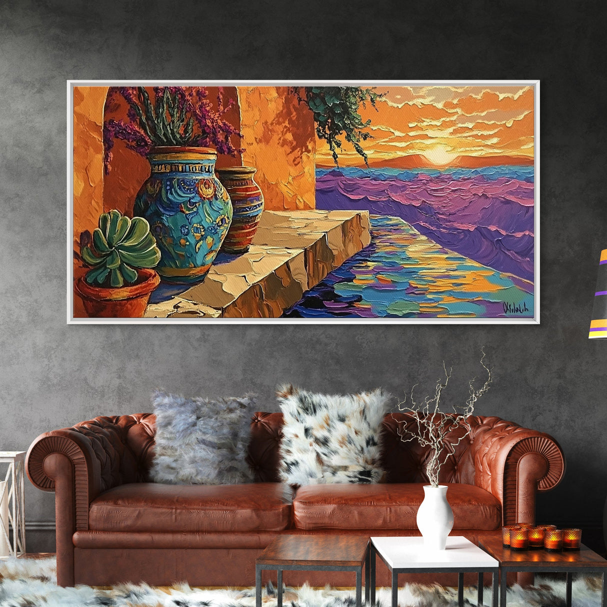 Sunset Terracotta, Patio, Art, Framed Canvas Print, Colorful Mexican pottery scene, vibrant tropical wall art, boho entryway decor