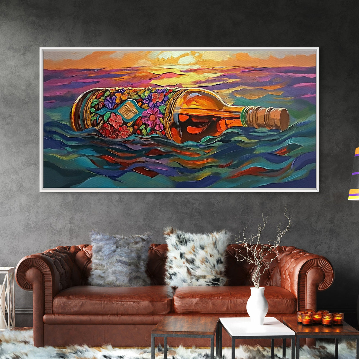 Bottle Ocean, Sunset, Flowers, Framed Canvas Print tropical beach bathroom decor, coastal boho wall art, floral message bottle painting