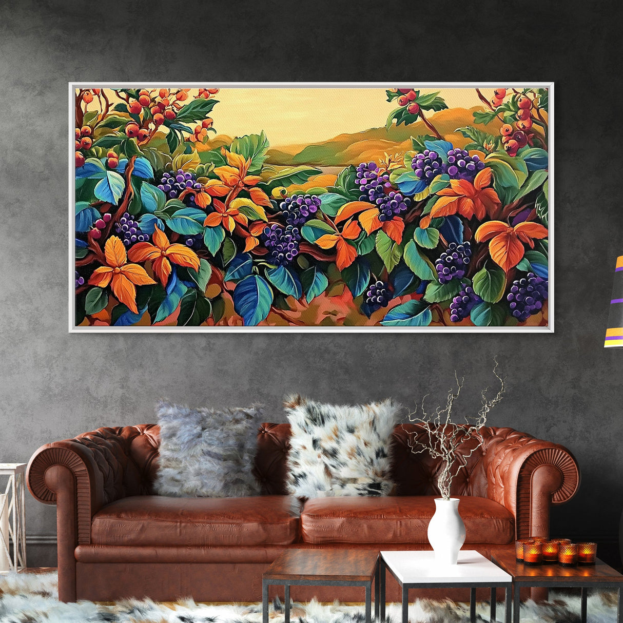 Grapes Harvest, Vineyard, Autumn, Framed Canvas Print vibrant fall kitchen wall art, farmhouse harvest decor, vineyard fruit painting