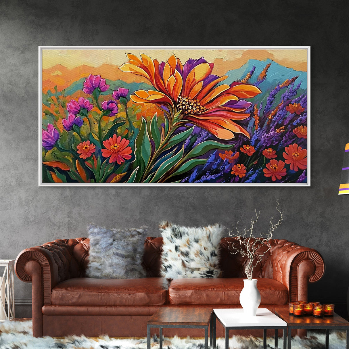 Flower Sunrise, Field, Vibrant, Canvas Print boho floral bedroom wall art, wildflower sunrise nature decor, garden field artwork