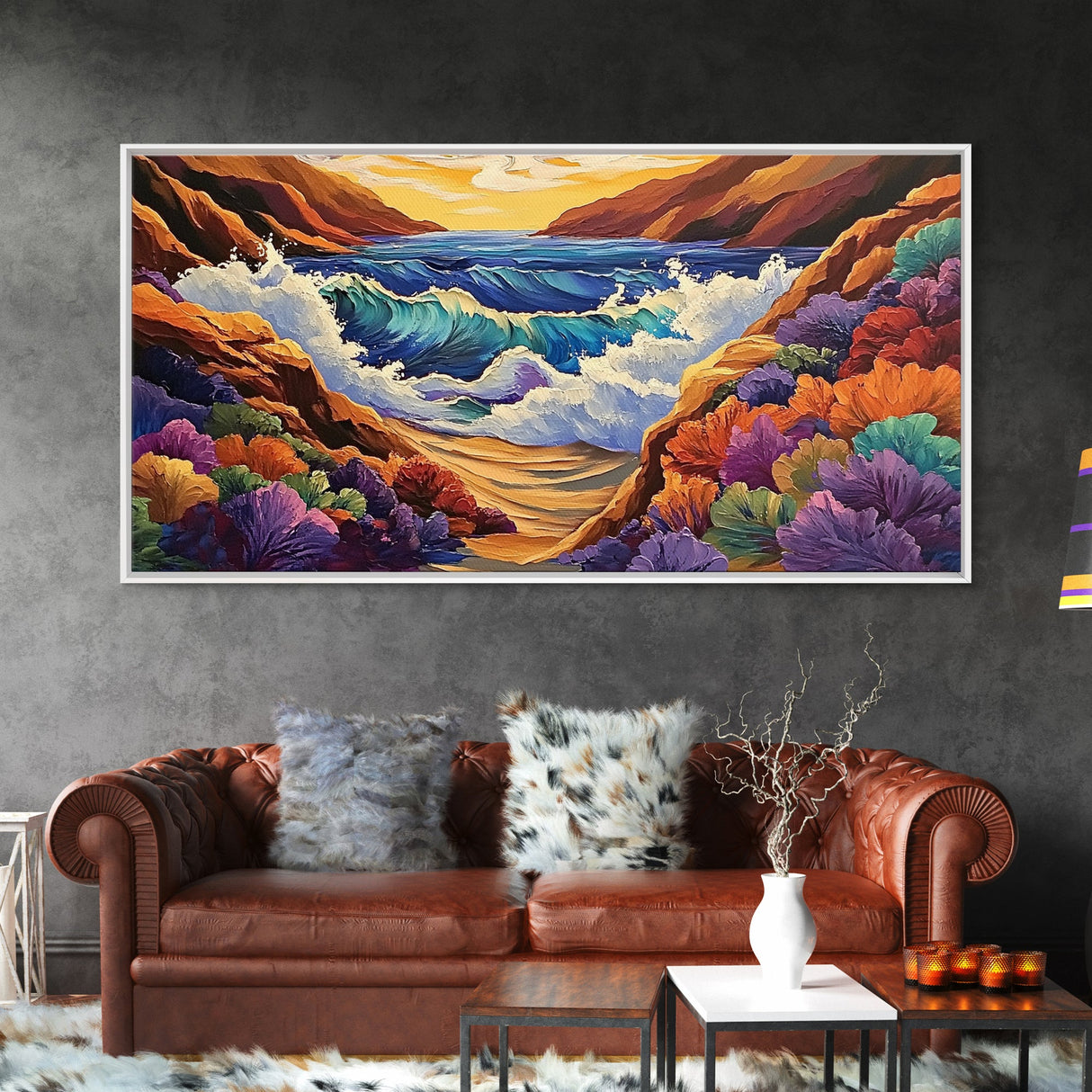 Ocean Sunset, Wave Splash, Framed Canvas Print, colorful crashing waves, rocky coast wall decor, Beach House Wall painting