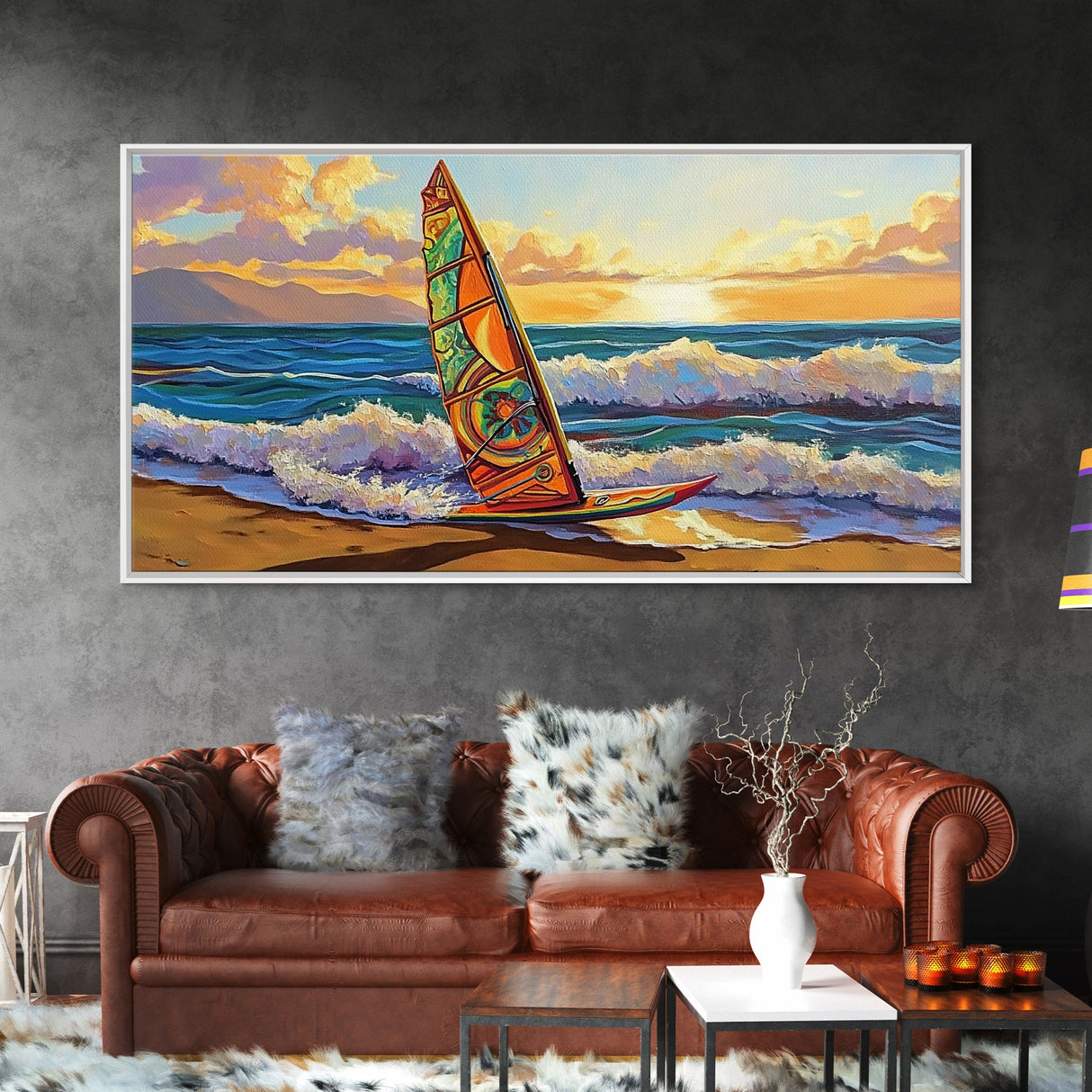 Windsurf Sunset, Beach Scene, Canvas Print, colorful surfboard at sea painting, coastal adventure, Bedroom Wall Art, surfer boho art