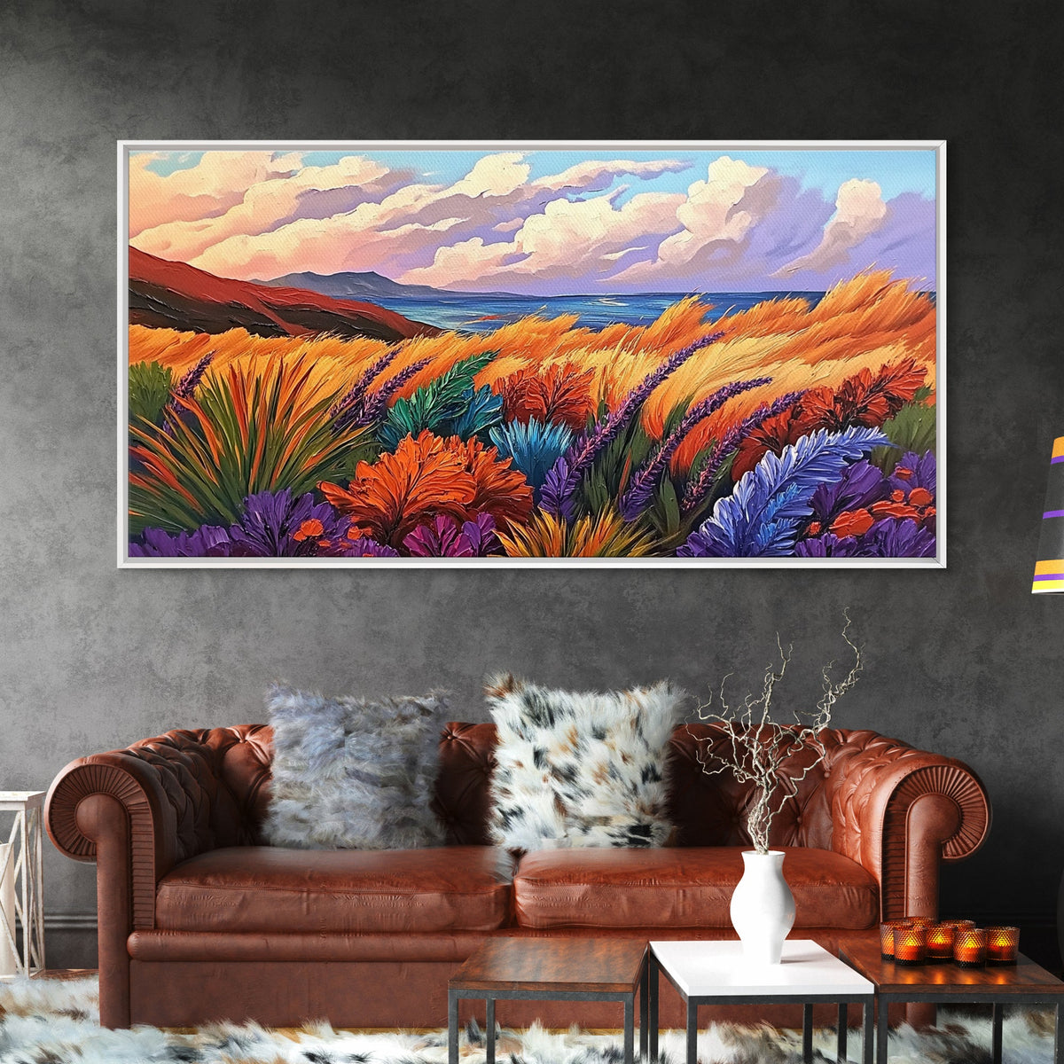 Golden Field, Coastal Landscape, Sunset, Colorful Grass, Ocean View, Large Wall Art, Living Room Wall Art, Canvas Print, Nature Decor