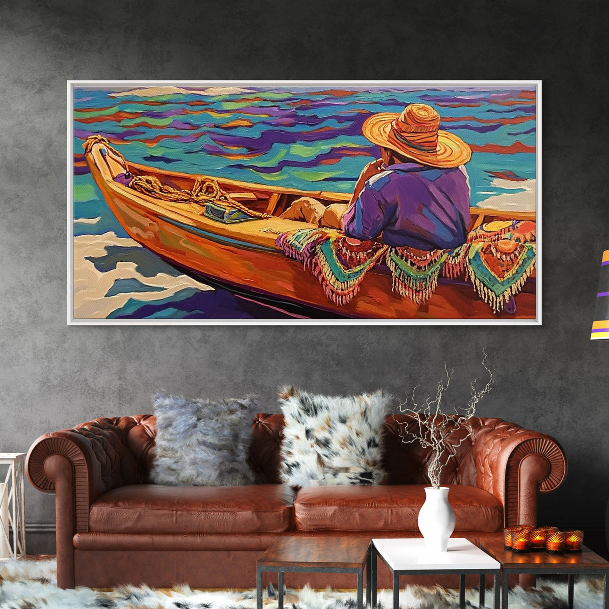 Boat Fisherman, Serene, Waters, Canvas Print colorful coastal life art Office Wall Art tropical ocean boho decor relaxed living