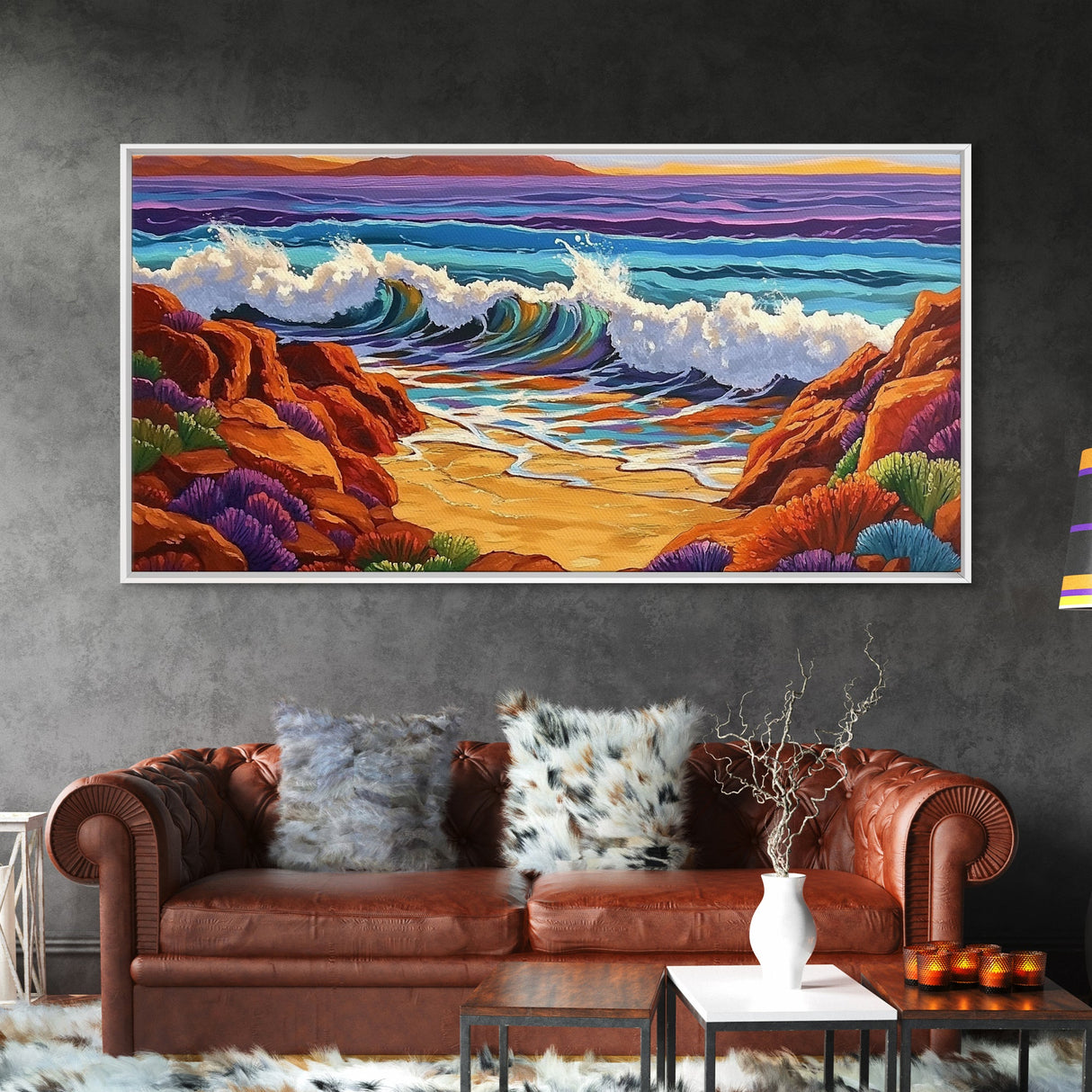 Surf Shoreline, Rocks, Sunset, Vibrant coastal Canvas Print, wave crashing beach art, living room ocean scene, colorful boho seascape