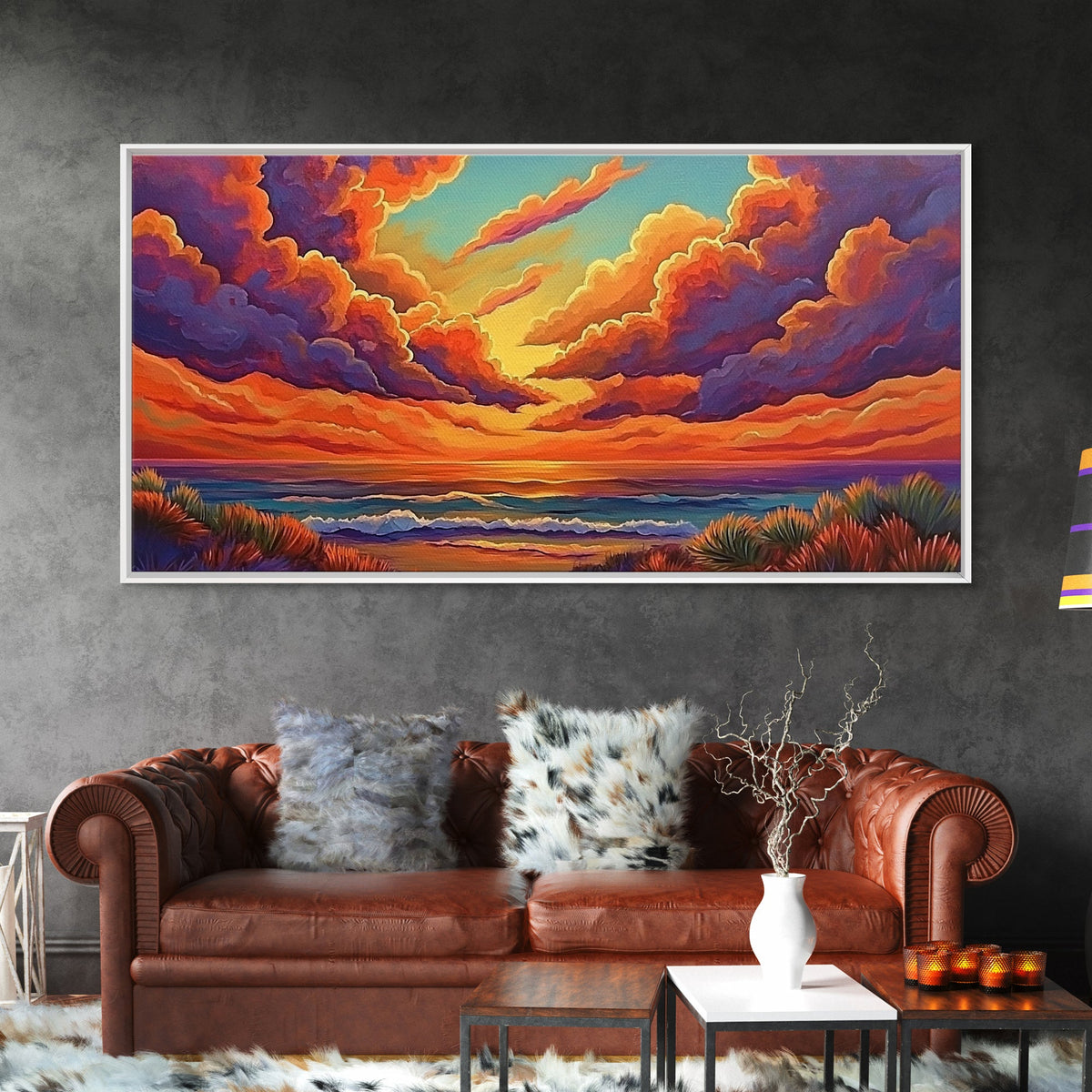 Sunset Ocean, Sky, Framed Canvas Print, Vibrant sunset ocean wall decor, clouds seascape painting, Living Room Wall Art, boho art